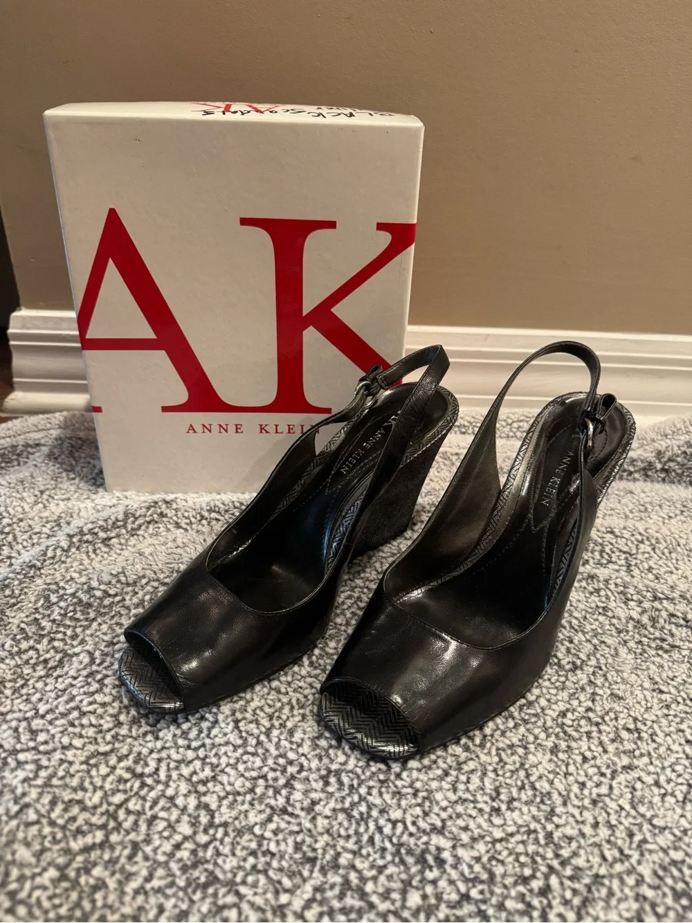 Anne Klein Black Peep-Toe Slingback Wedges